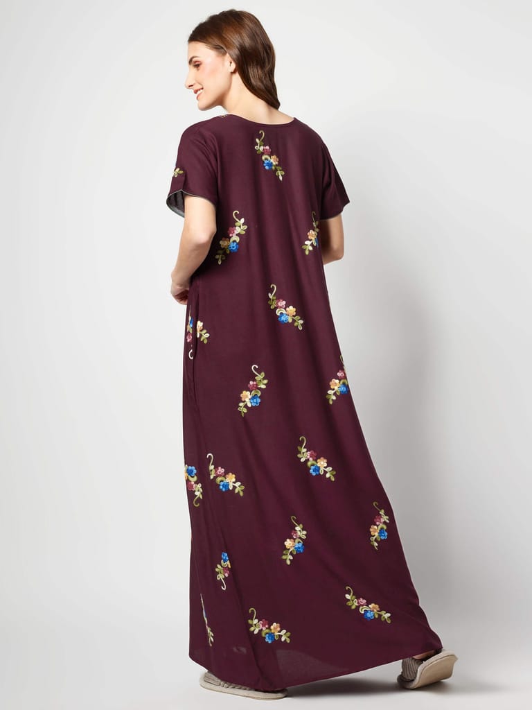 Zeyo Women Rayon Light Blue Floral Embroidery Nighty