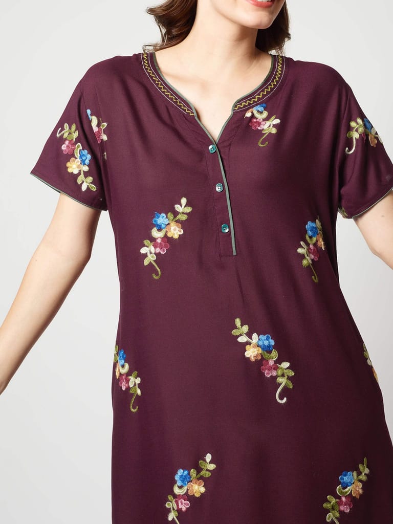 Zeyo Women Rayon Light Blue Floral Embroidery Nighty