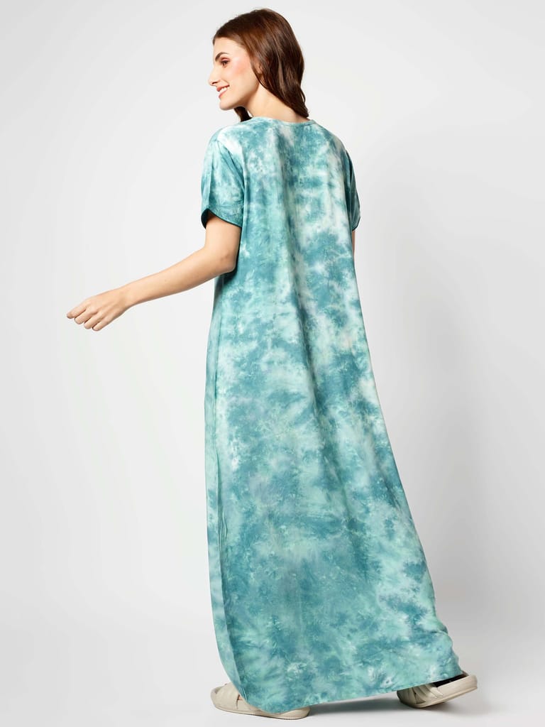 Zeyo Women Rayon Light Green Tie Dye Print Nighty