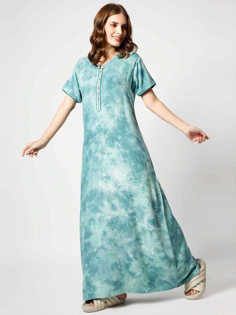 Zeyo Women Rayon Light Green Tie Dye Print Nighty