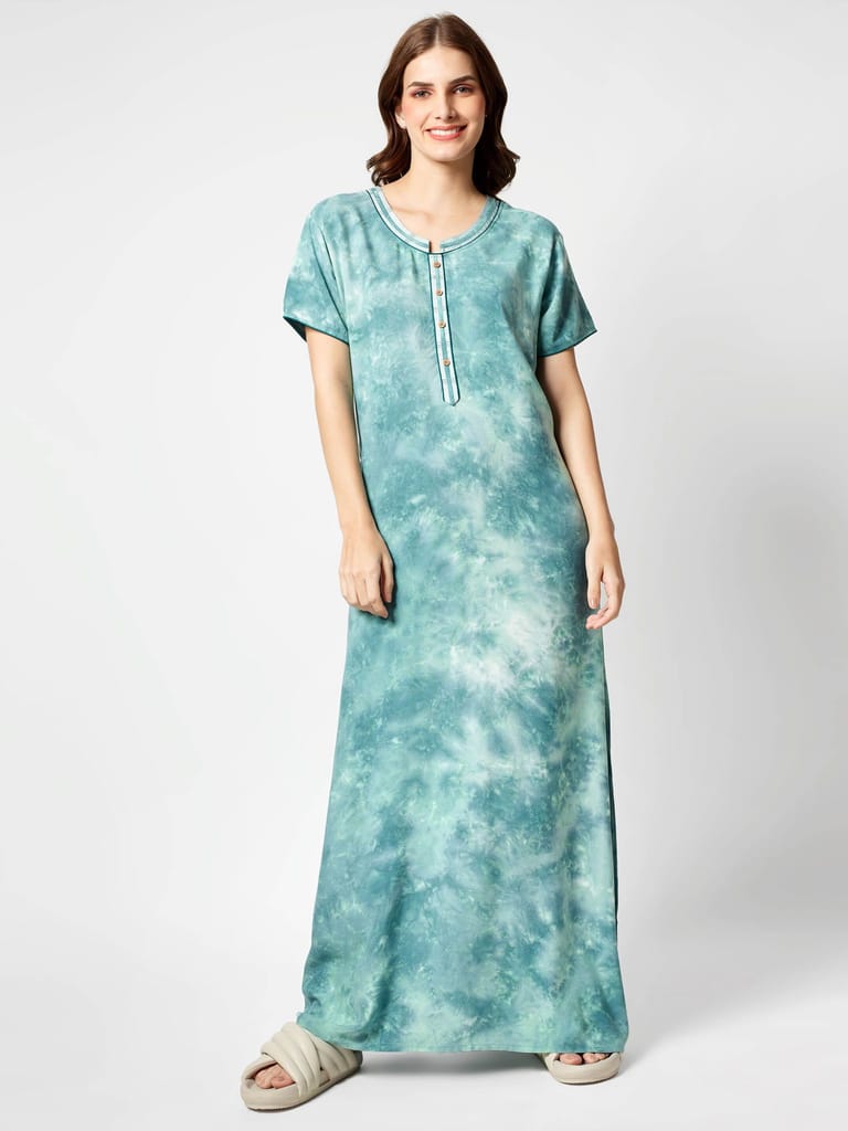 Zeyo Women Rayon Light Green Tie Dye Print Nighty