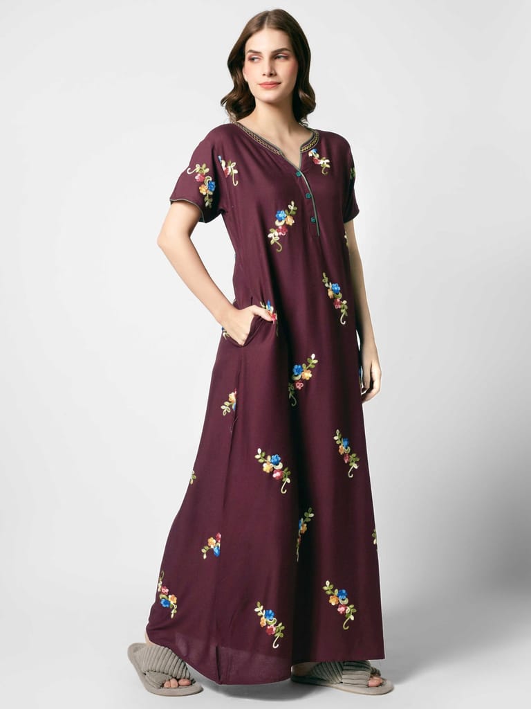 Zeyo Women Rayon Light Blue Floral Embroidery Nighty