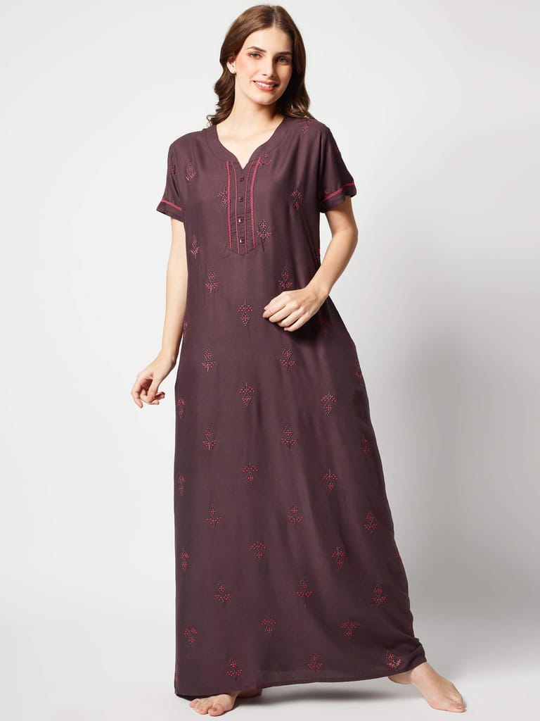 Zeyo Women Rayon Light Blue Embroidery Floral Print Nighty