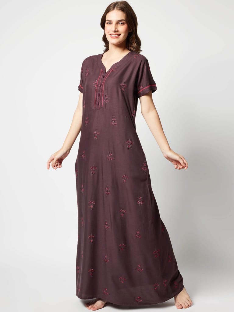 Zeyo Women Rayon Light Blue Embroidery Floral Print Nighty