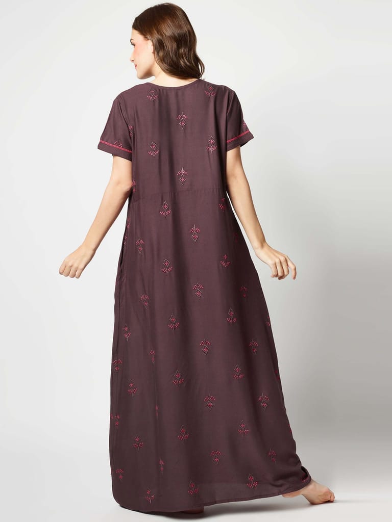 Zeyo Women Rayon Light Blue Embroidery Floral Print Nighty