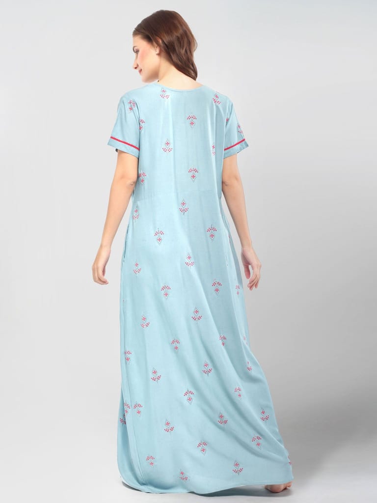 Zeyo Women Rayon Light Blue Embroidery Floral Print Nighty