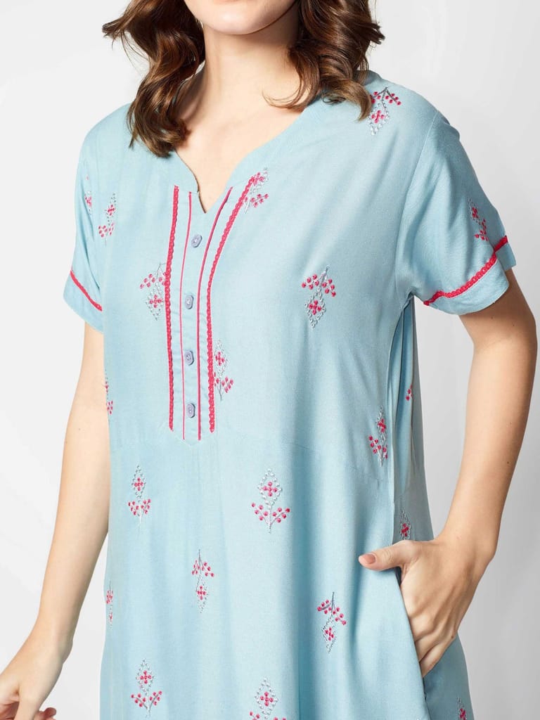 Zeyo Women Rayon Light Blue Embroidery Floral Print Nighty