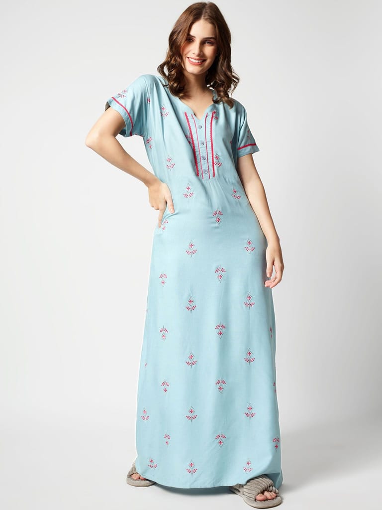 Zeyo Women Rayon Light Blue Embroidery Floral Print Nighty