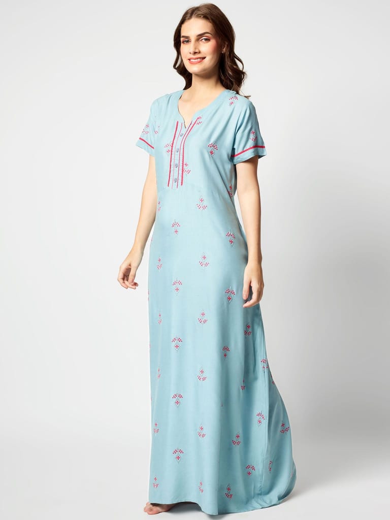 Zeyo Women Rayon Light Blue Embroidery Floral Print Nighty