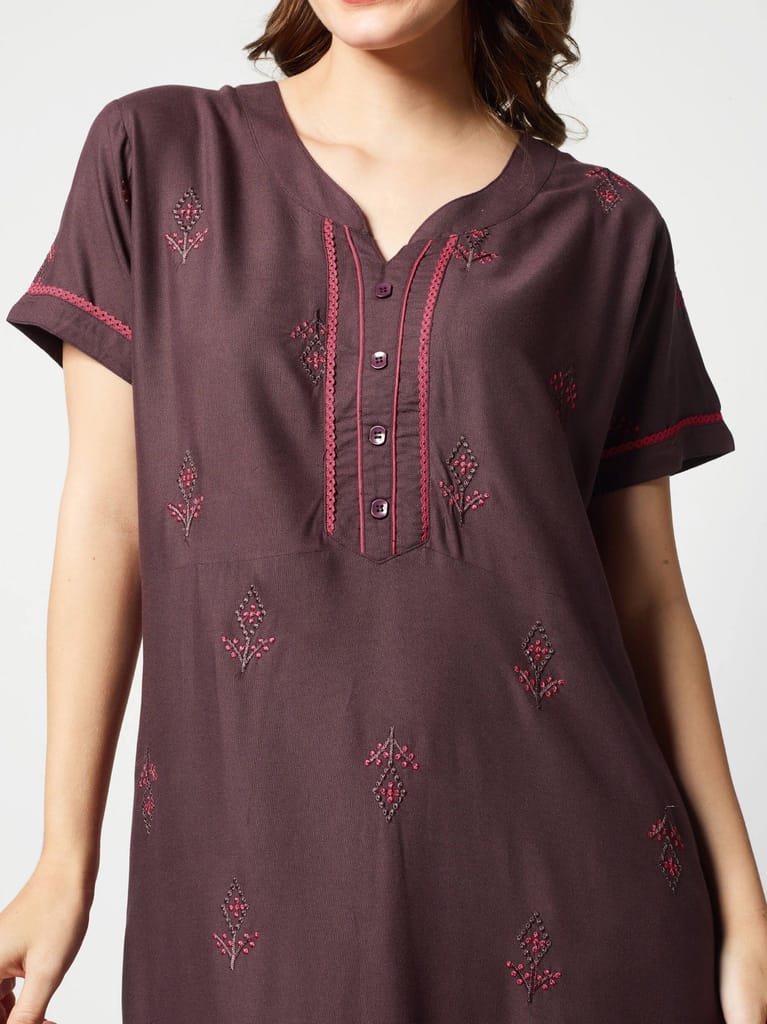 Zeyo Women Rayon Light Blue Embroidery Floral Print Nighty