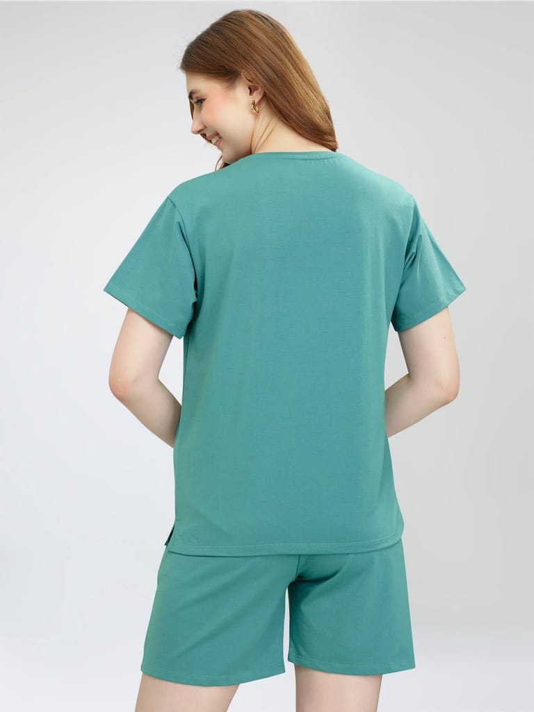 ZEYO Women's Cotton Green Typography Printed Night Suit Set of Top & Shorts