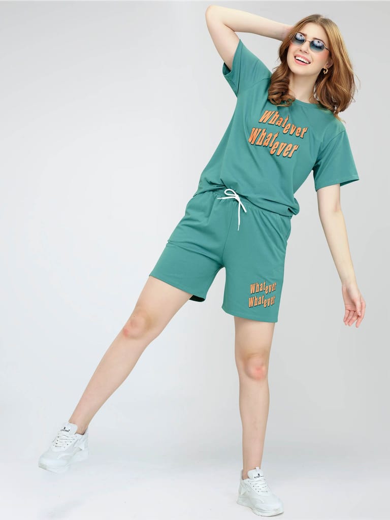 ZEYO Women's Cotton Green Typography Printed Night Suit Set of Top & Shorts