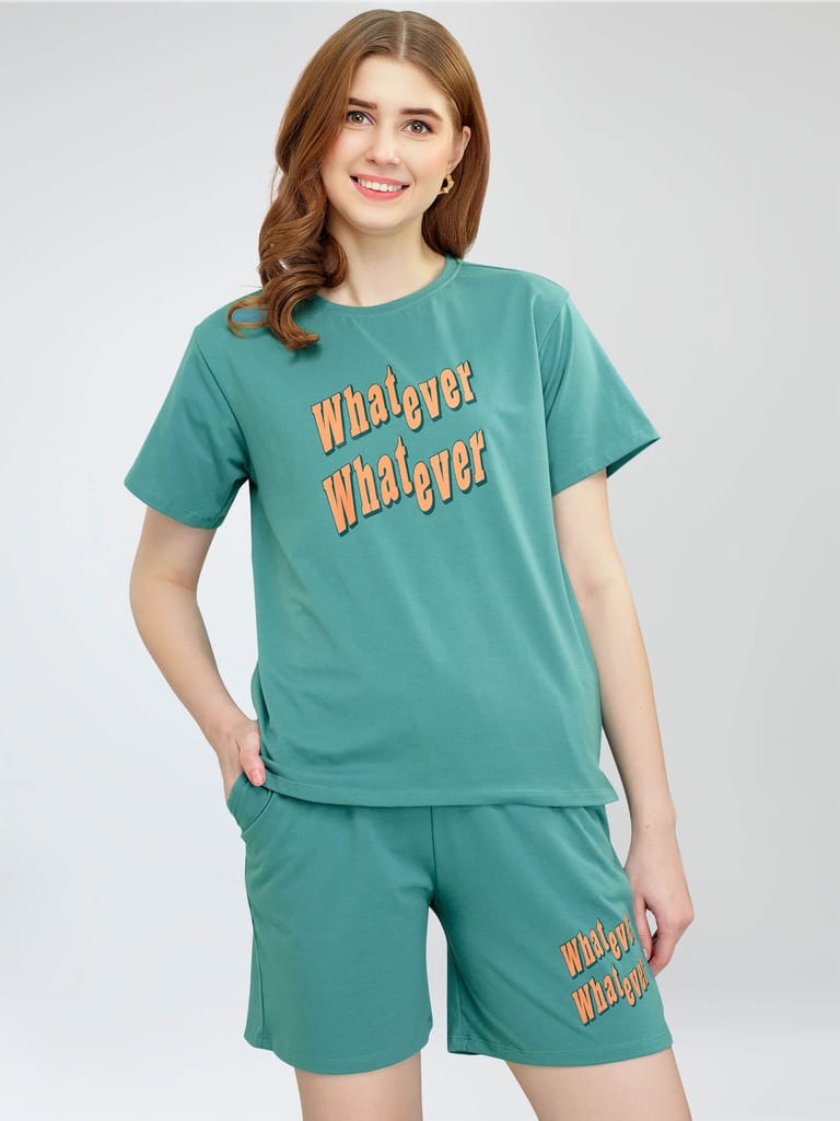 ZEYO Women's Cotton Green Typography Printed Night Suit Set of Top & Shorts