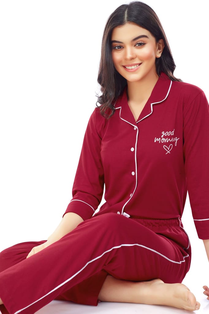 ZEYO Women's Cotton Red Solid Stylish Night suit set