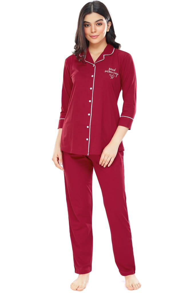 ZEYO Women's Cotton Red Solid Stylish Night suit set