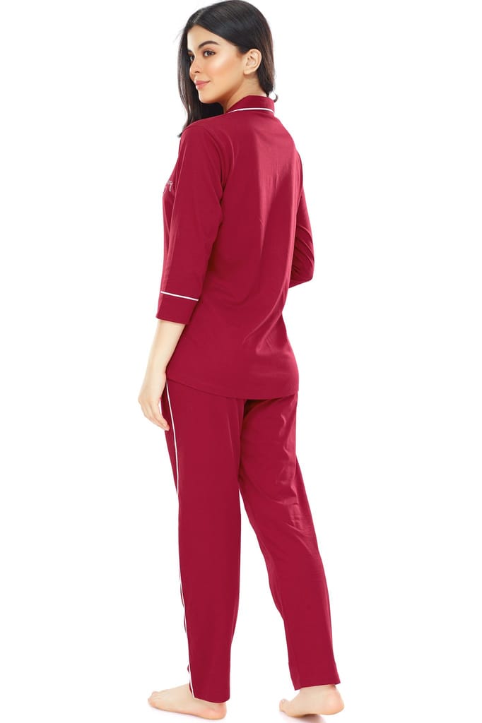 ZEYO Women's Cotton Red Solid Stylish Night suit set