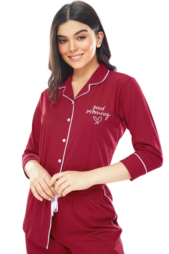 ZEYO Women's Cotton Red Solid Stylish Night suit set