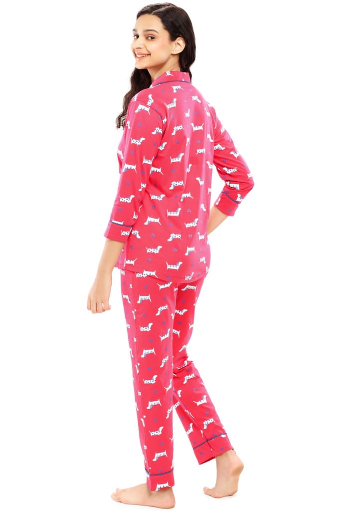 ZEYO Women's Cotton Pink Dog Animal & Heart Printed Night suit set