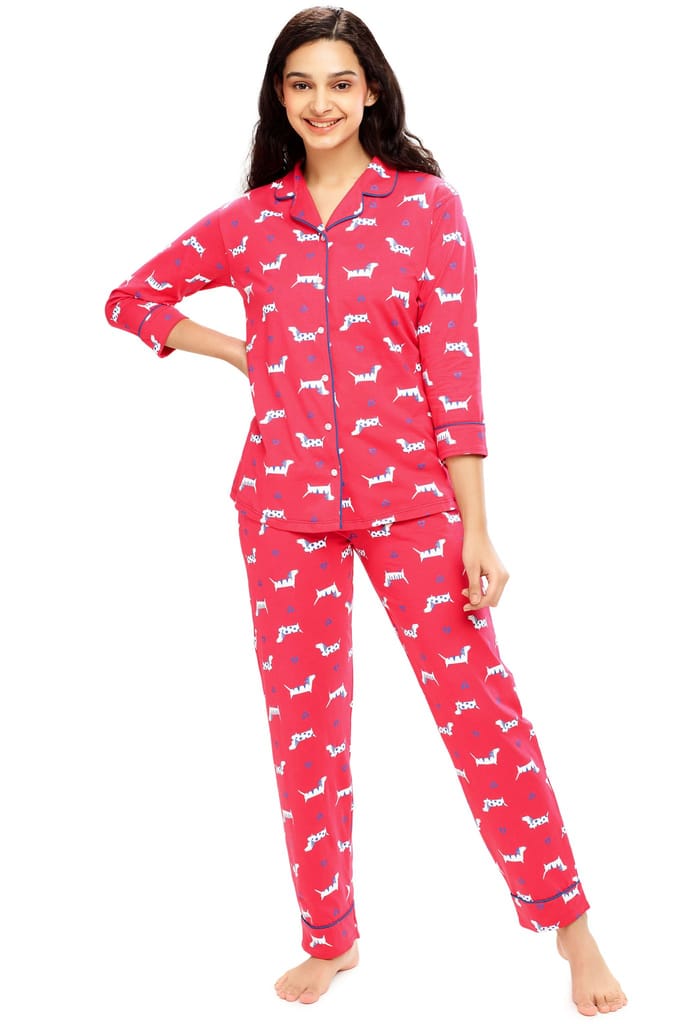 ZEYO Women's Cotton Pink Dog Animal & Heart Printed Night suit set