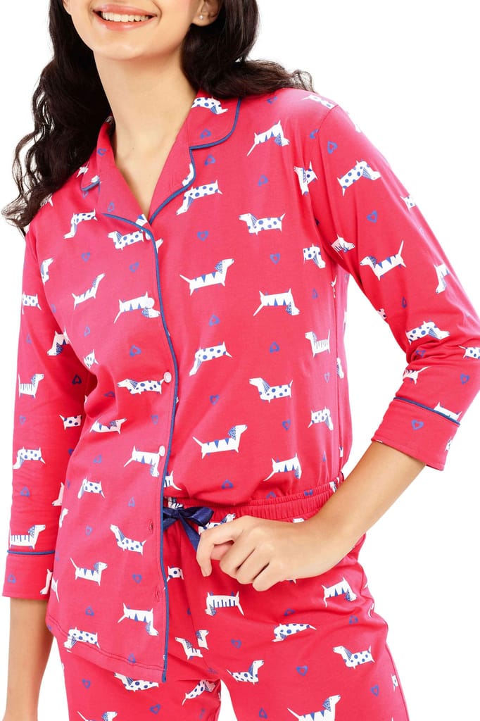ZEYO Women's Cotton Pink Dog Animal & Heart Printed Night suit set