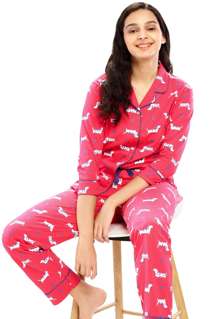 ZEYO Women's Cotton Pink Dog Animal & Heart Printed Night suit set