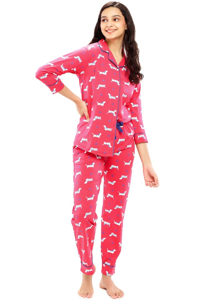 ZEYO Women's Cotton Pink Dog Animal & Heart Printed Night suit set