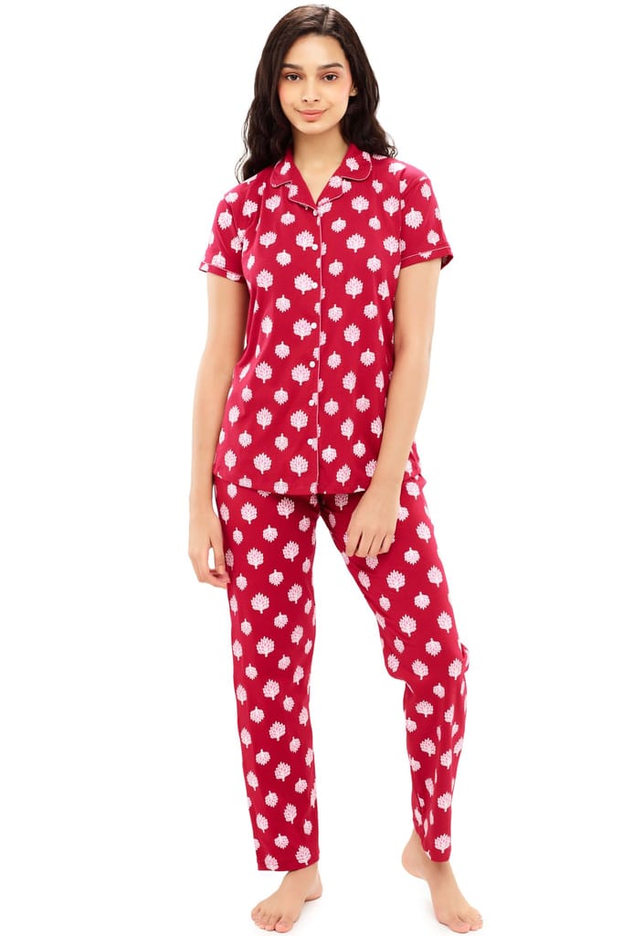 ZEYO Women's Cotton Navy Blue Leaf Printed Night suit set