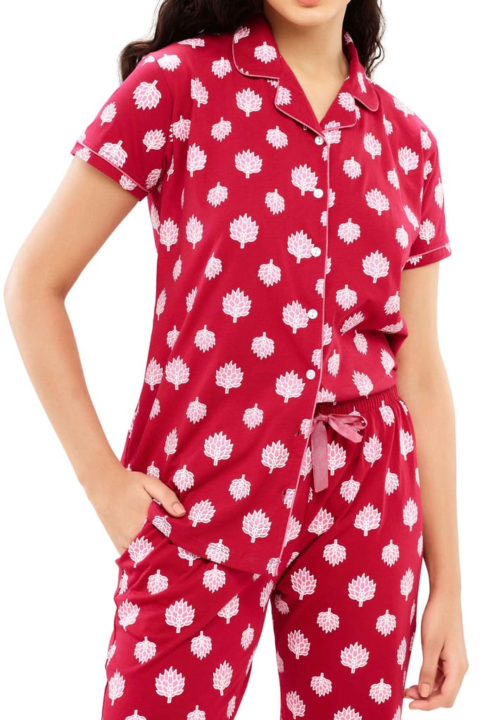 ZEYO Women's Cotton Navy Blue Leaf Printed Night suit set