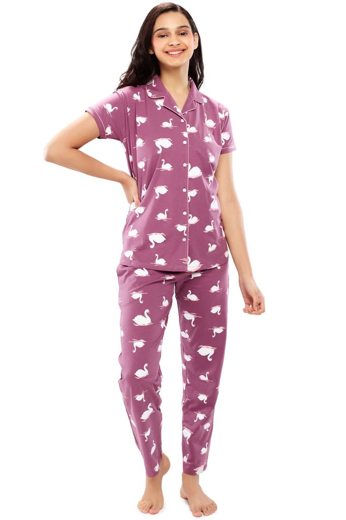 ZEYO Women's Cotton Brown Swan Printed Night suit set