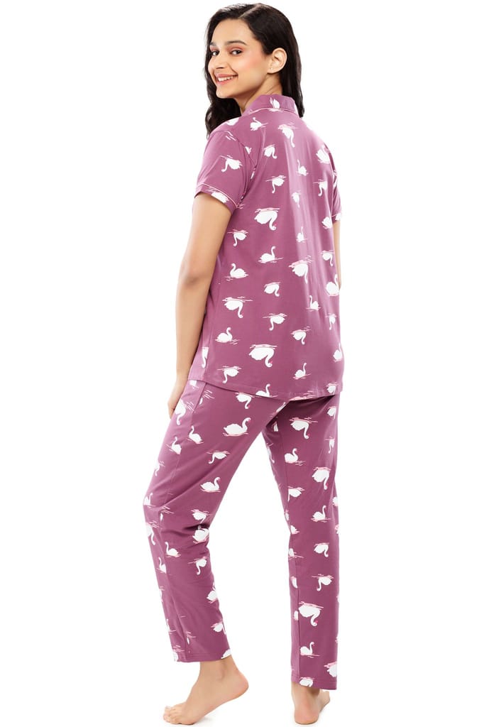 ZEYO Women's Cotton Brown Swan Printed Night suit set