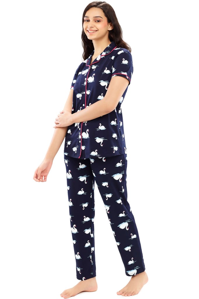 ZEYO Women's Cotton Brown Swan Printed Night suit set