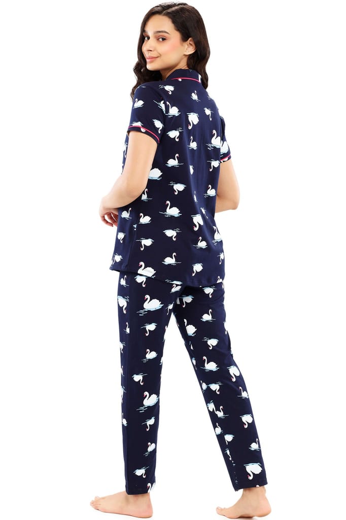 ZEYO Women's Cotton Brown Swan Printed Night suit set