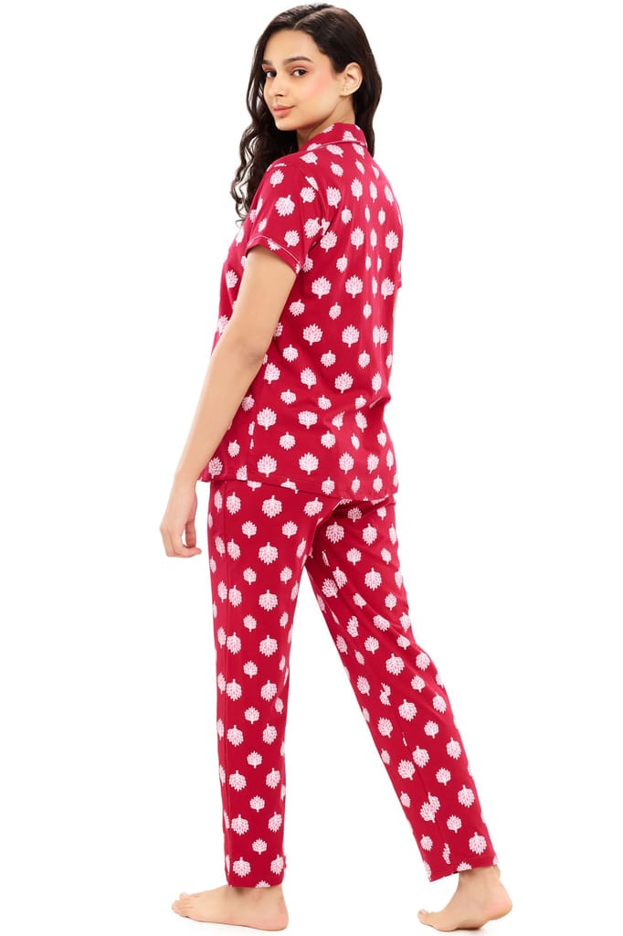 ZEYO Women's Cotton Navy Blue Leaf Printed Night suit set