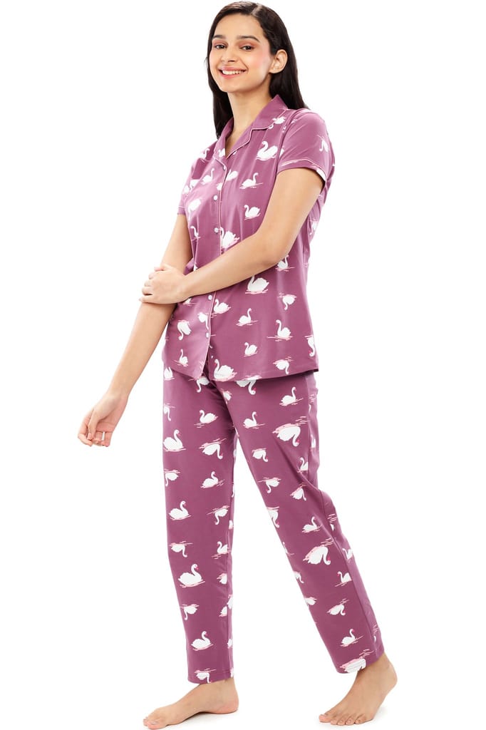 ZEYO Women's Cotton Brown Swan Printed Night suit set