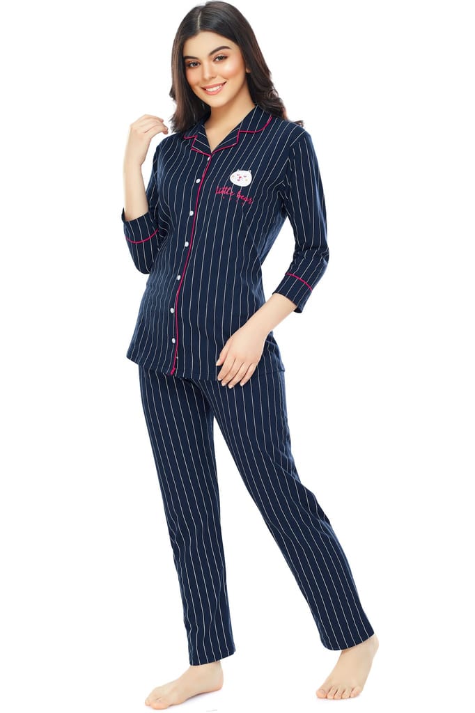 ZEYO Women's Cotton Navy Blue Striped Printed Stylish Night suit set