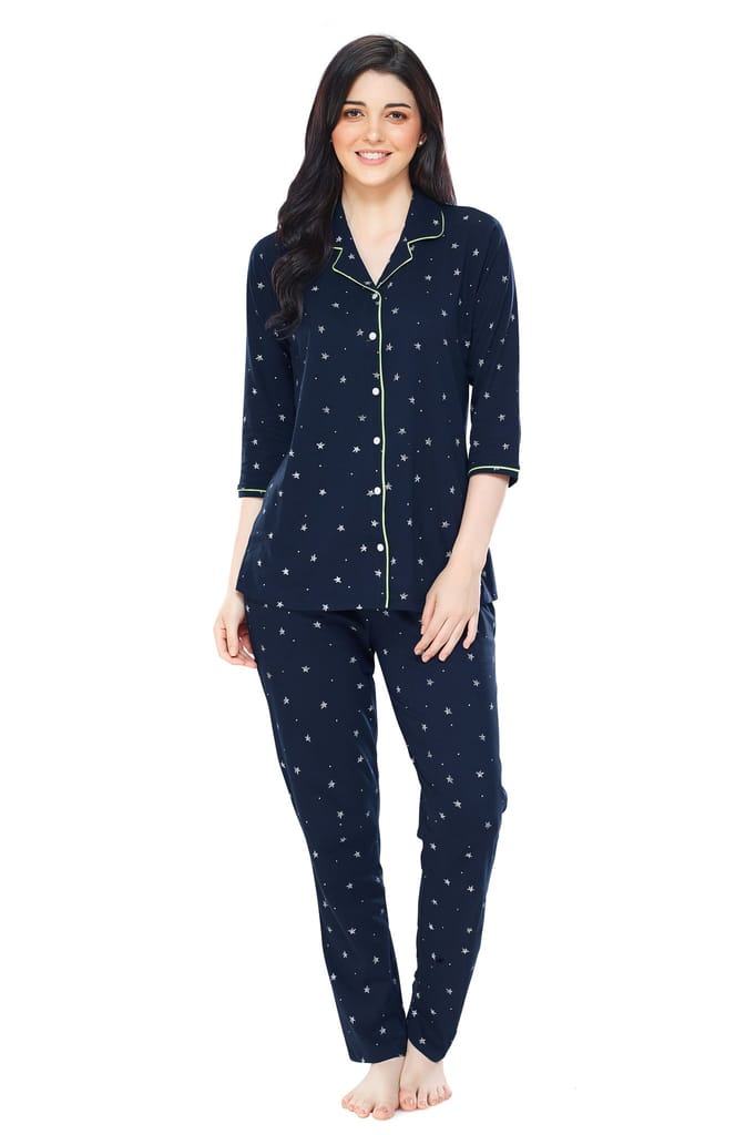 ZEYO Women's Cotton Green Star Printed Stylish Night suit set
