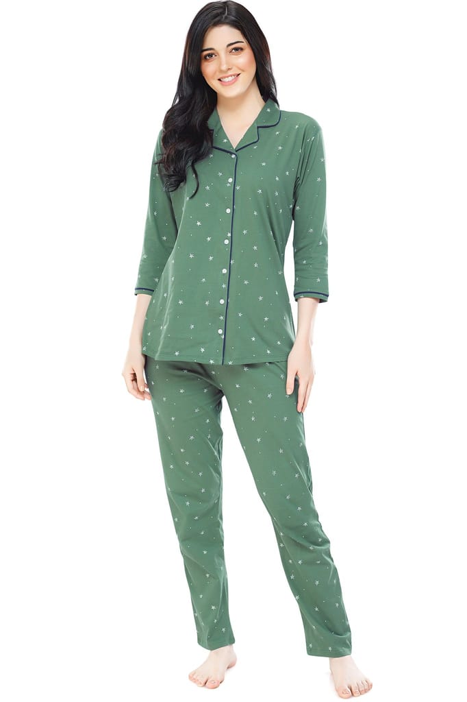 ZEYO Women's Cotton Green Star Printed Stylish Night suit set