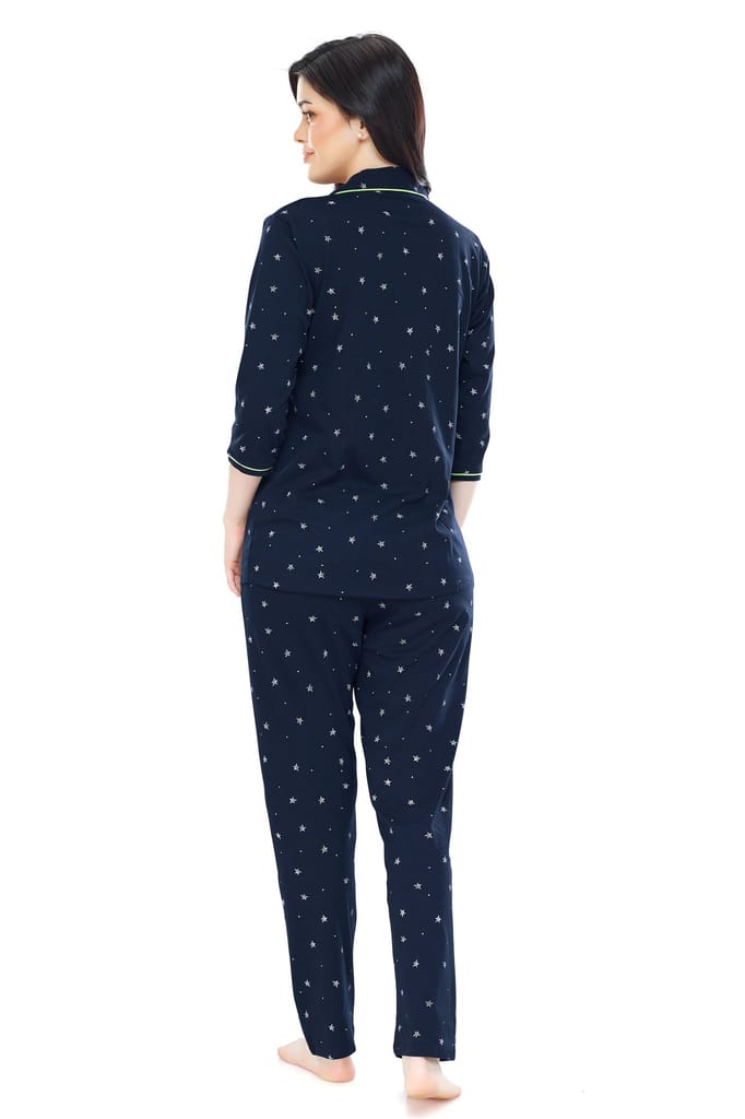 ZEYO Women's Cotton Green Star Printed Stylish Night suit set