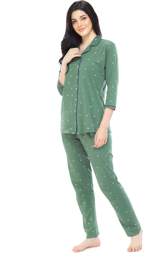 ZEYO Women's Cotton Green Star Printed Stylish Night suit set