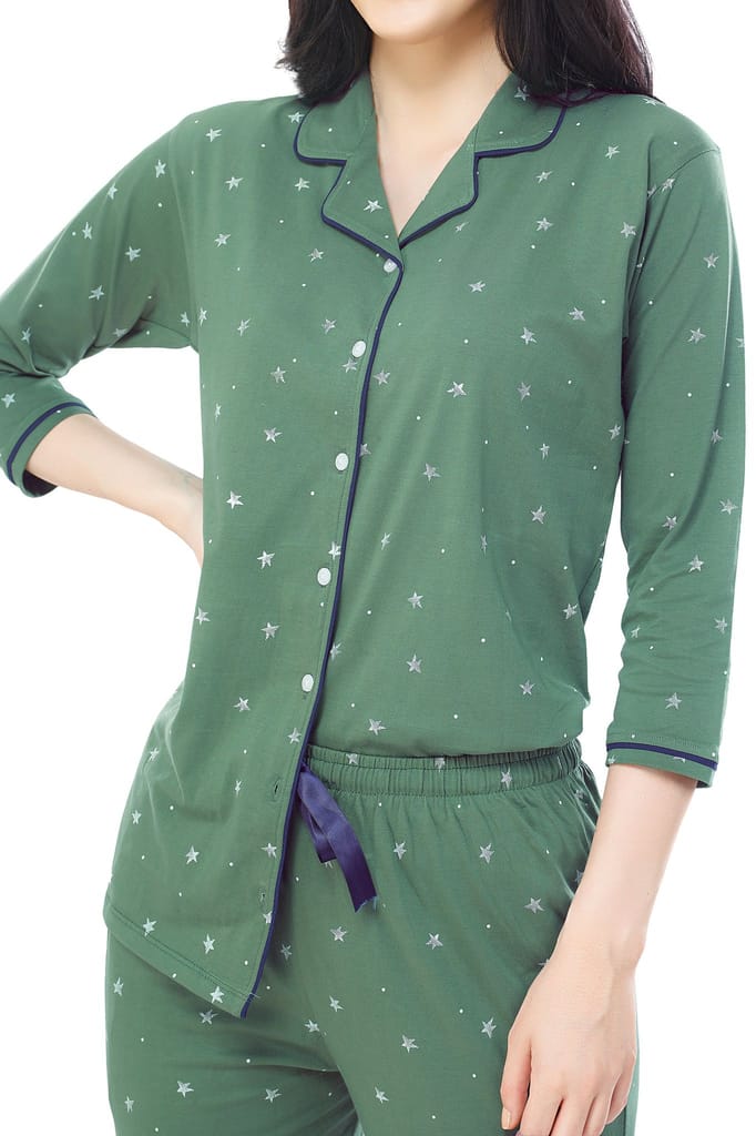 ZEYO Women's Cotton Green Star Printed Stylish Night suit set