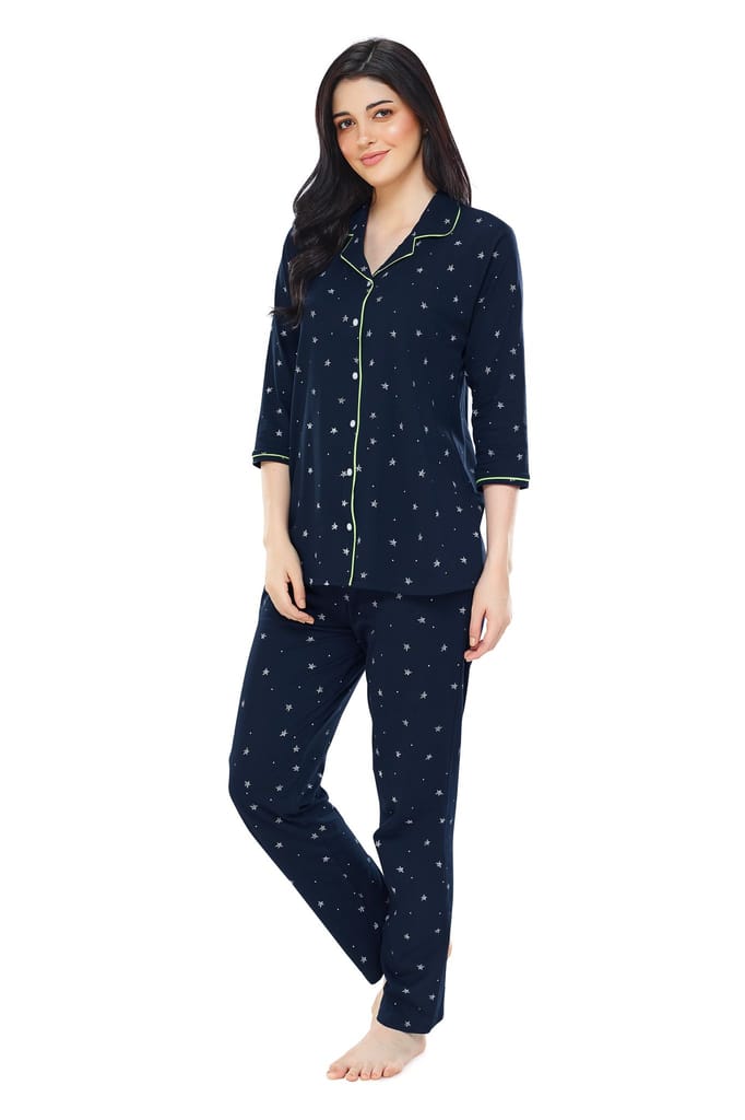 ZEYO Women's Cotton Green Star Printed Stylish Night suit set