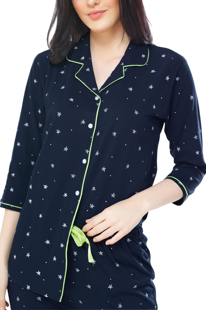 ZEYO Women's Cotton Green Star Printed Stylish Night suit set