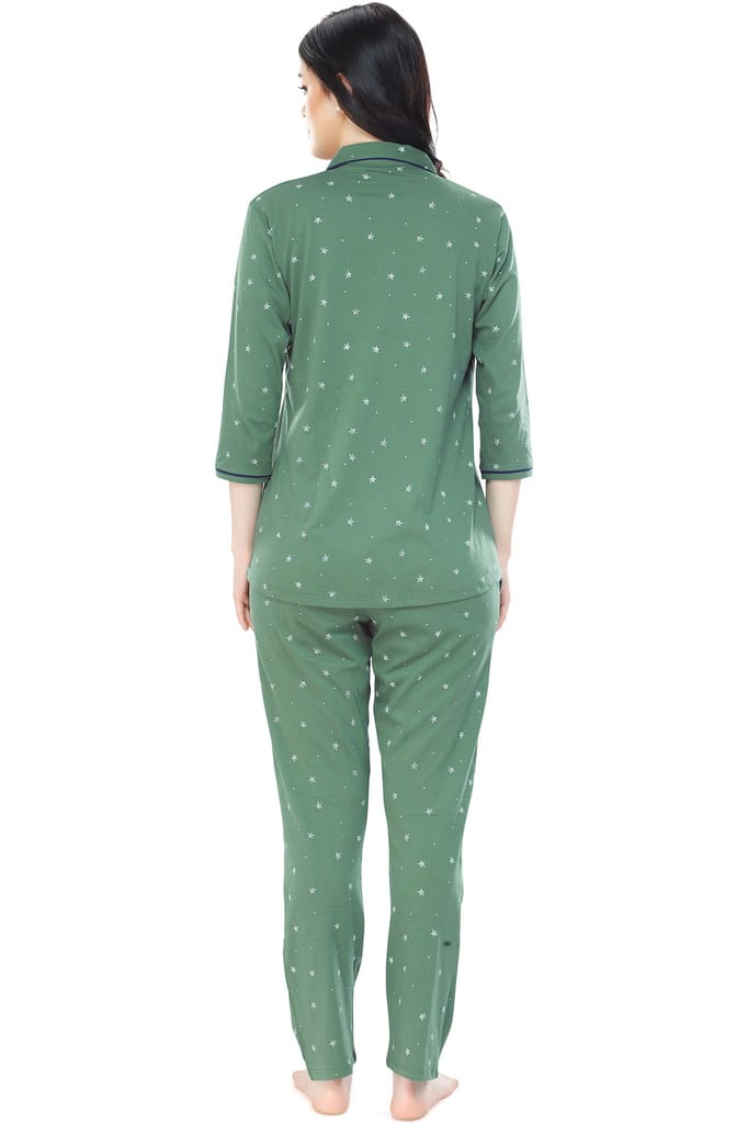 ZEYO Women's Cotton Green Star Printed Stylish Night suit set