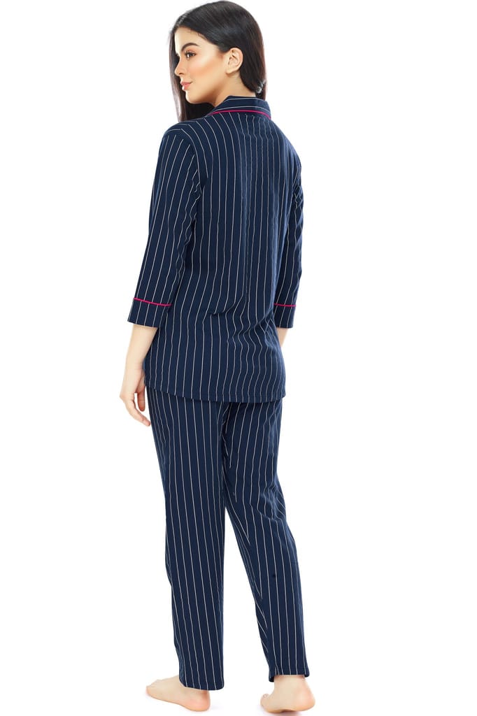 ZEYO Women's Cotton Navy Blue Striped Printed Stylish Night suit set