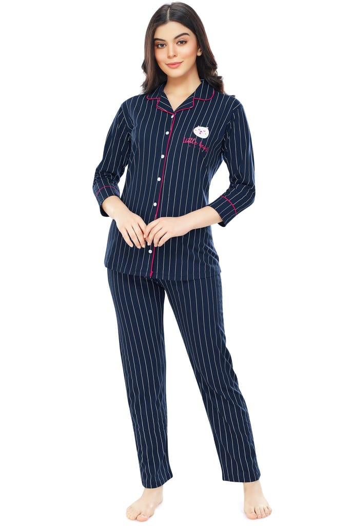 ZEYO Women's Cotton Navy Blue Striped Printed Stylish Night suit set