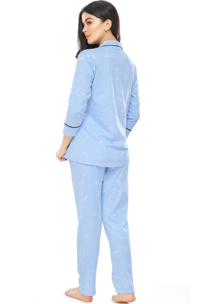 ZEYO Women's Cotton Blue Bear Printed Stylish Night suit set