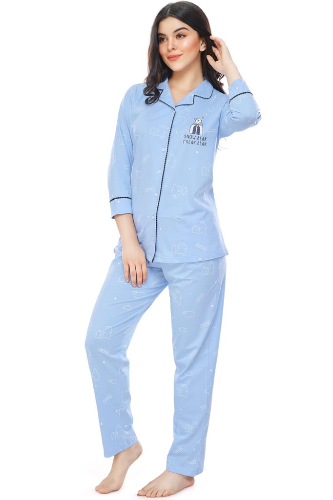 ZEYO Women's Cotton Blue Bear Printed Stylish Night suit set