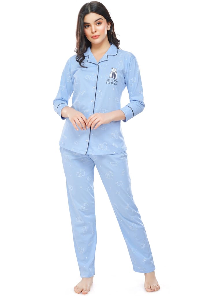 ZEYO Women's Cotton Blue Bear Printed Stylish Night suit set
