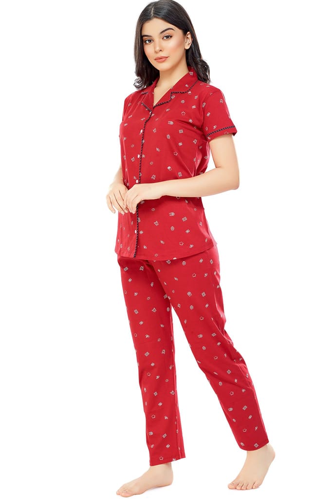 ZEYO Women's Cotton Navy Blue Printed Stylish Night suit set