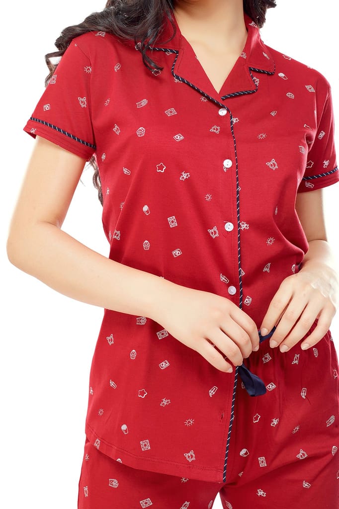 ZEYO Women's Cotton Navy Blue Printed Stylish Night suit set